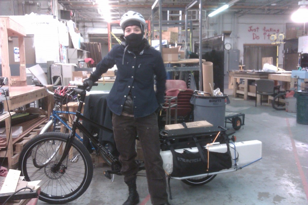 Because why wouldn't you carry a knitting machine on a bicycle when it's 20 degrees outside?  