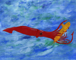 Squid Attack by Shellie Lewis, paper, acrylic paints, gel medium, Micron pen, vector design and laser, 7.5 x 9.5 inches, 2014.