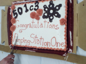 The cutting of the cake.